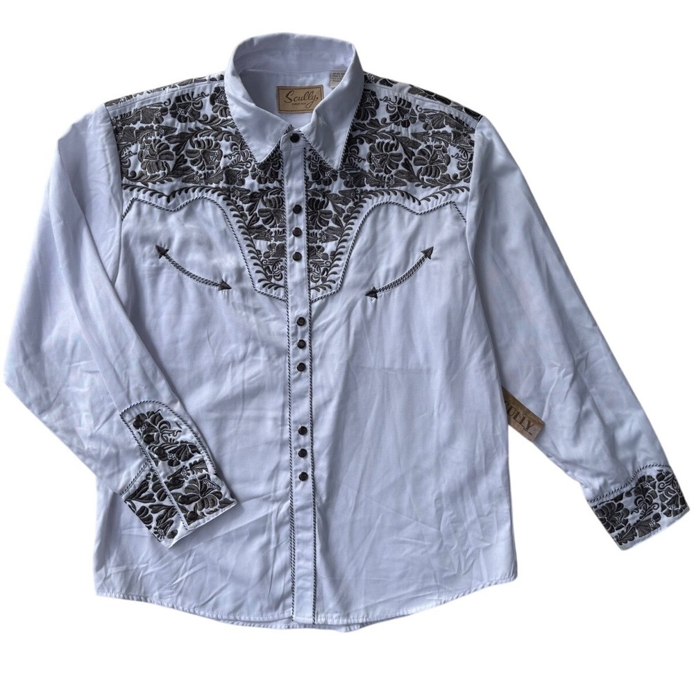 NWT SCULLY "Gunfighter" Western Shirt Detailed Floral Embroidered Yokes/Cuffs, L
